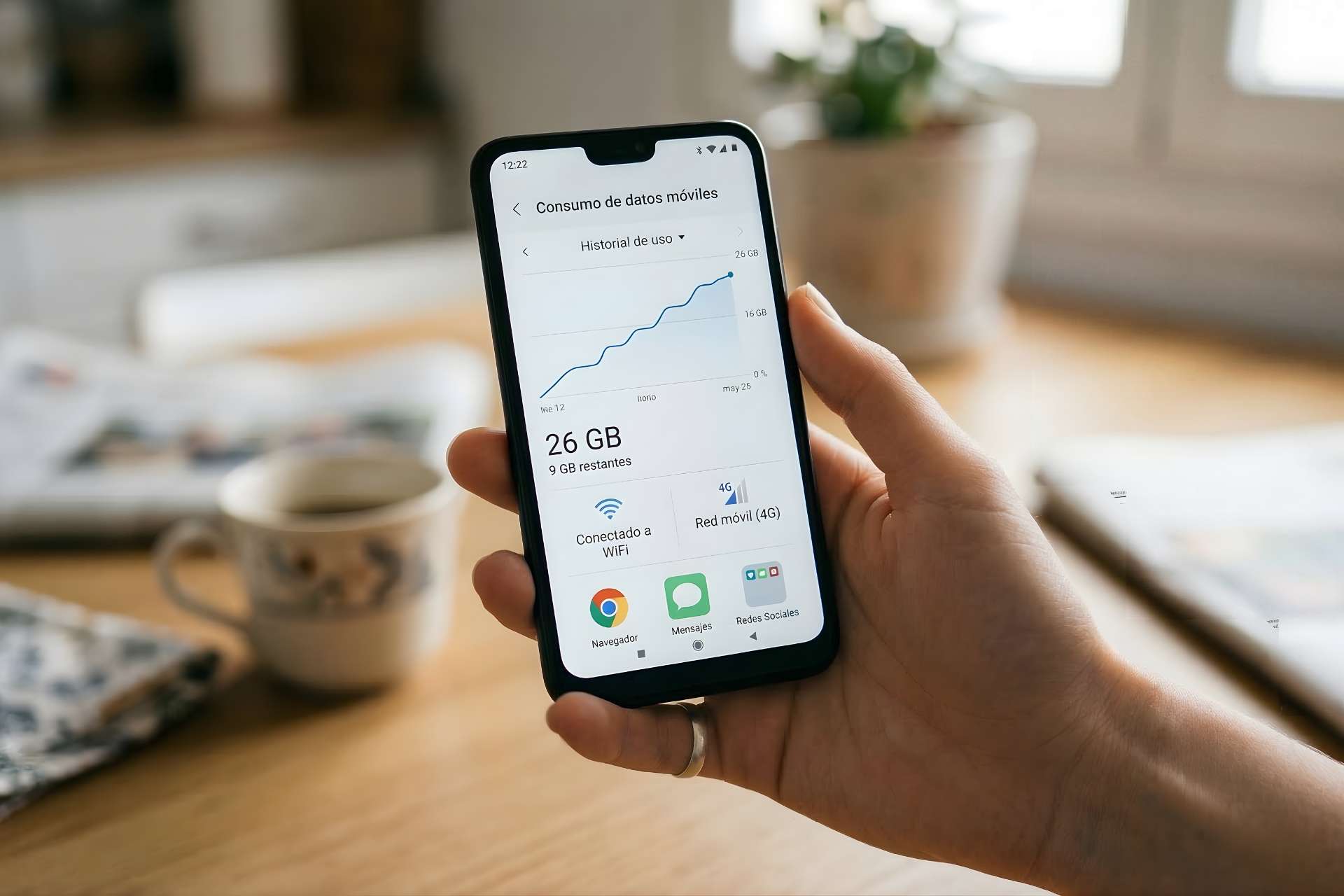 Mano sujetando un móvil con la pantalla de consumo de datos móviles y el historial de uso